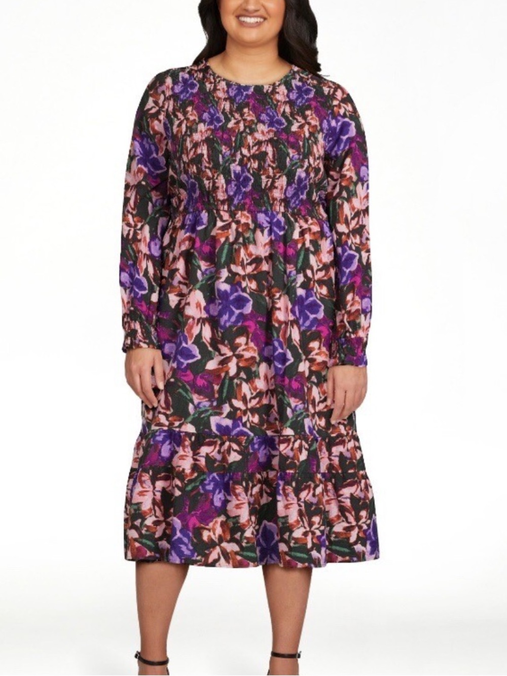 Terra & Sky Women's Plus Size Peasant Tiered Smocked Midi/Maxi Dress 4x